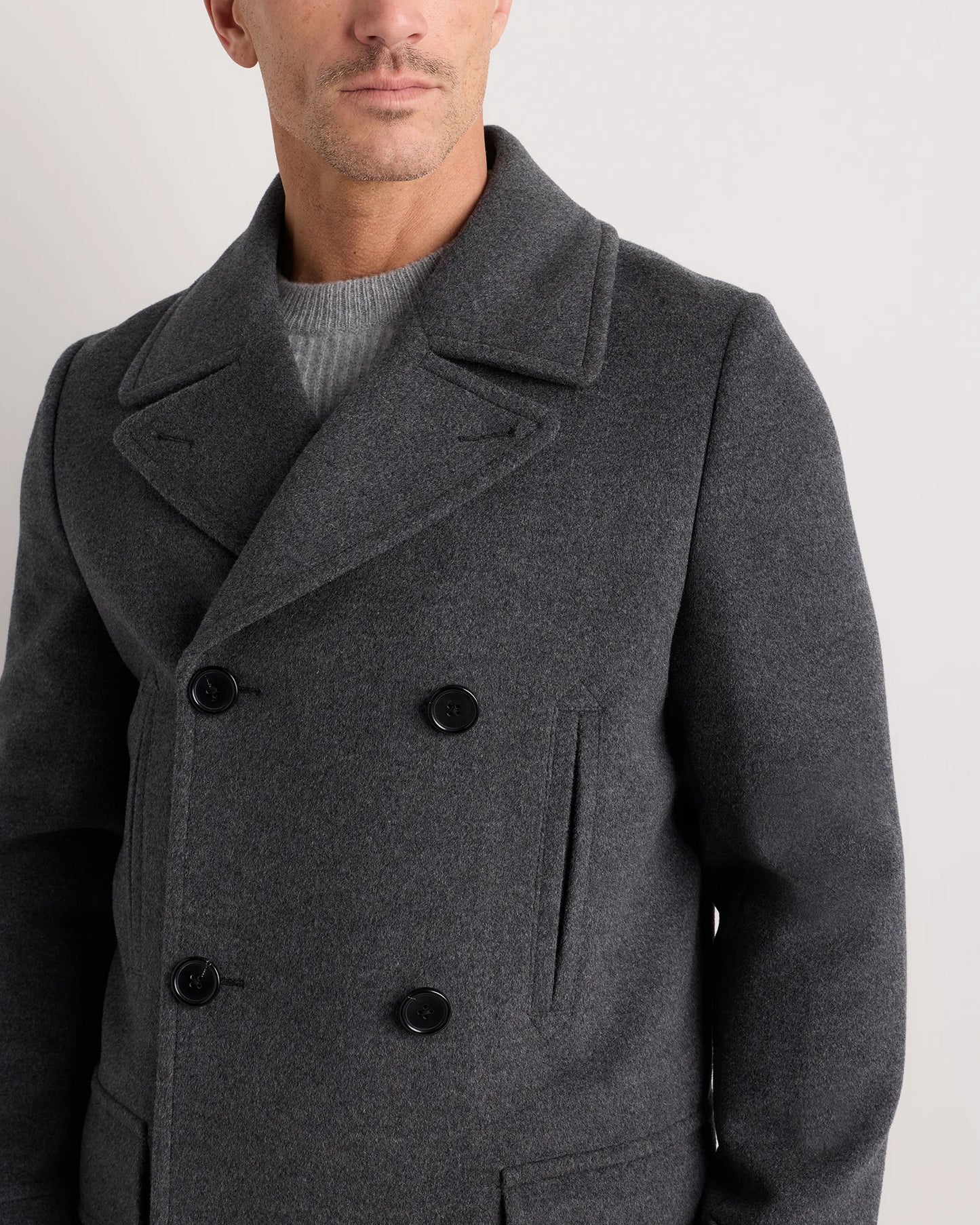 Wool Cashmere Double-Breasted Officer Topcoat - S / Heather Charcoal