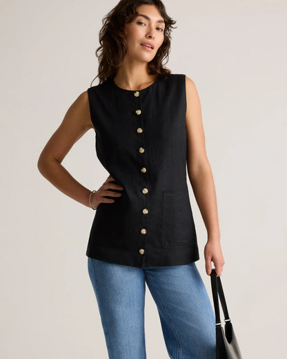 100% European Linen Longline Vest - XS / Taupe Brown Chambray