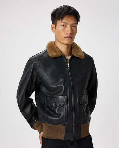 Shearling Collar Leather Flight Jacket - S / True Black