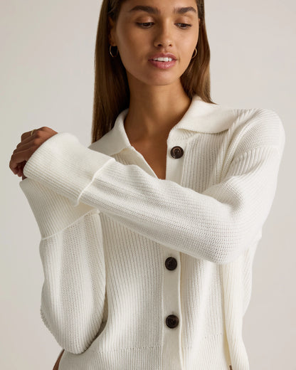 100% Organic Cotton Fisherman Collared Cardigan - XS / Heather Dove Grey