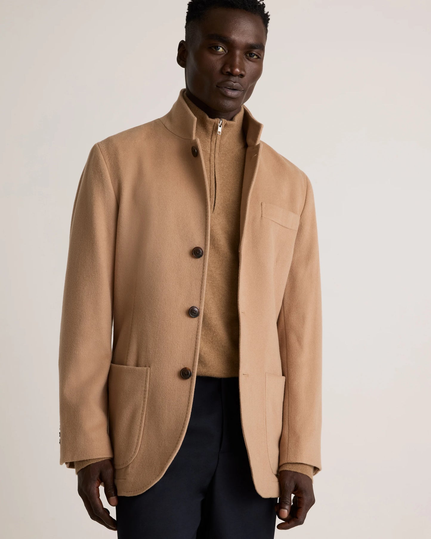 100% Mongolian Cashmere Stand Collar Blazer - S / Camel