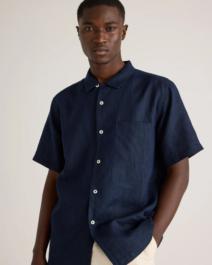 100% European Linen Camp Shirt - XS / Sky Blue Mariner Stripe