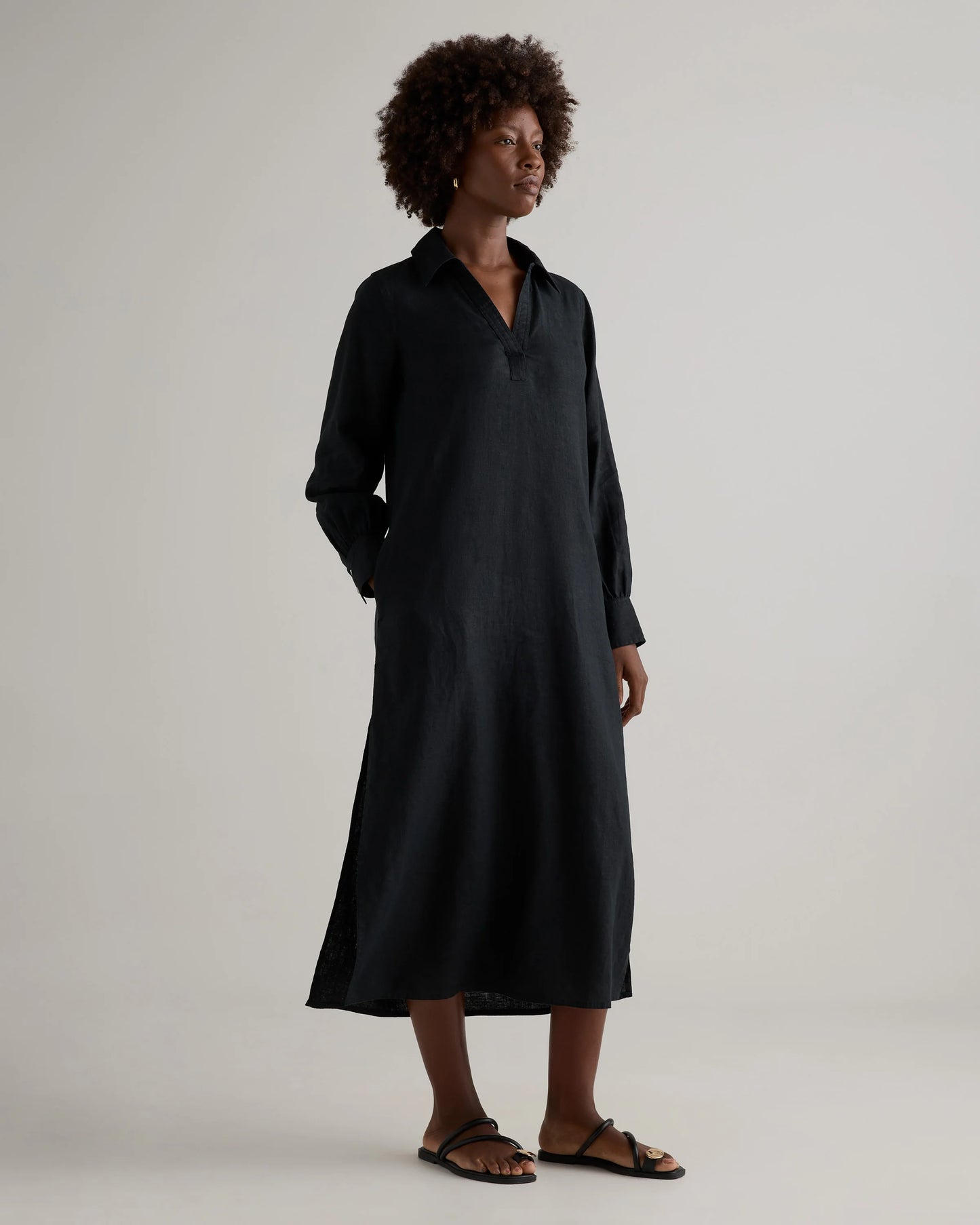 100% European Linen Popover Maxi Dress - XS / Blue Pinstripe