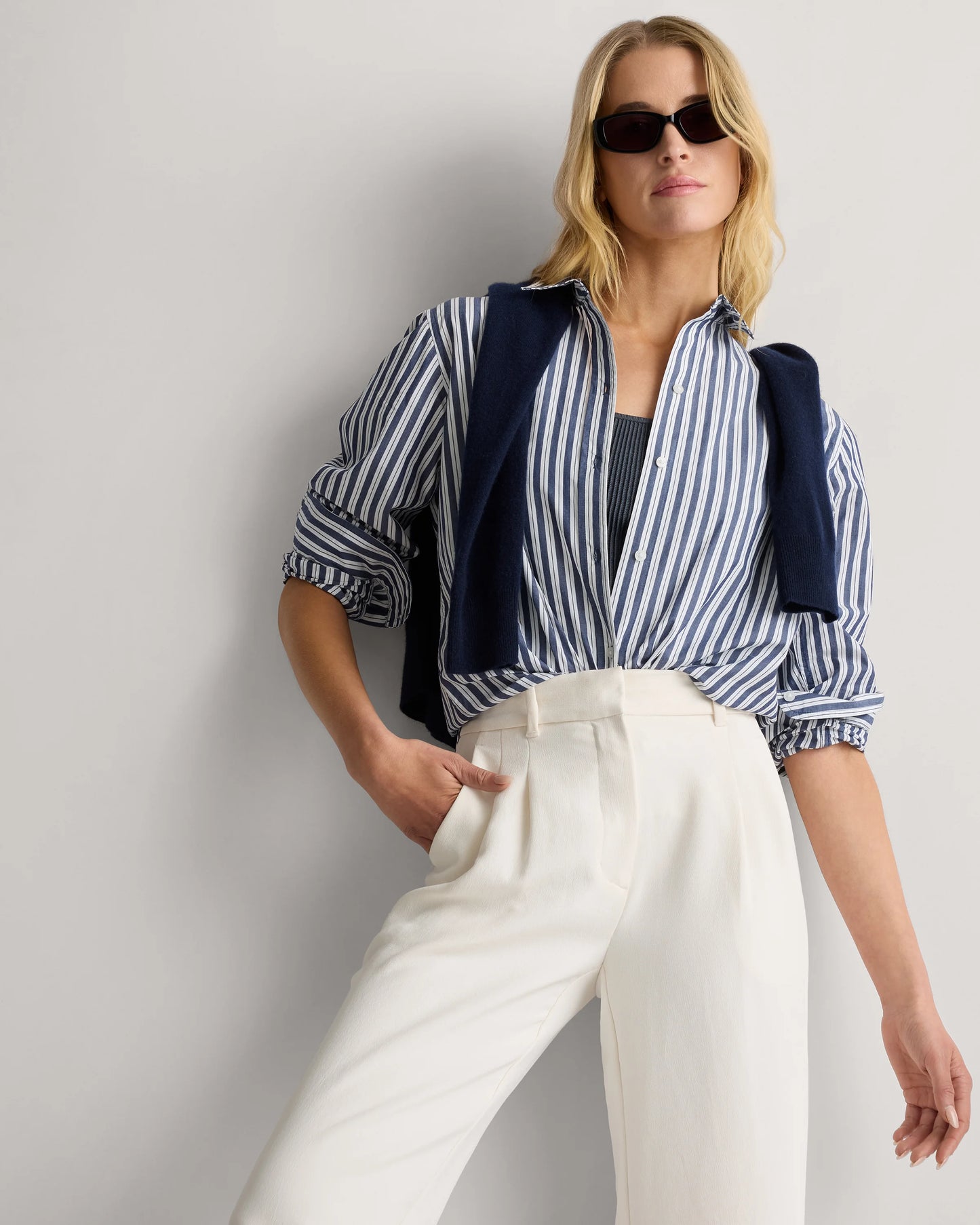 100% Organic Cotton Poplin Long Sleeve Shirt - XS / Delta Blue Double Stripe
