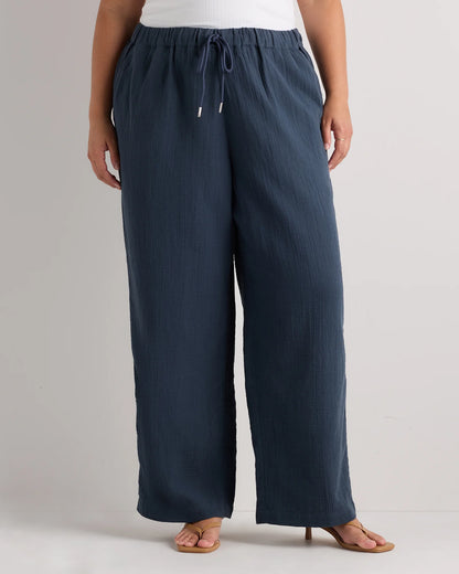 100% Organic Cotton Gauze Straight Leg Pants - 1X / Indigo Blue