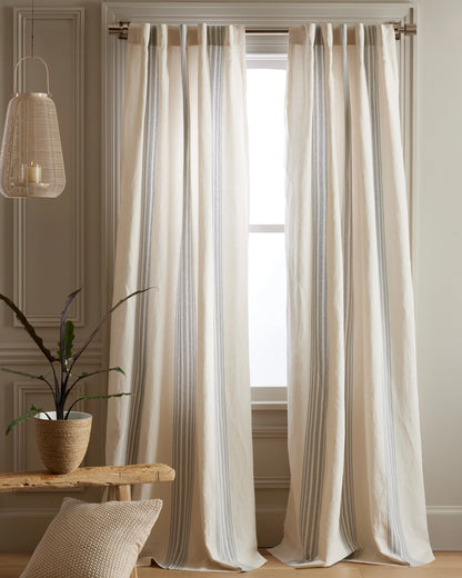 Coastal Stripe Linen Cotton Curtain - Single Panel - 48x84 / Ivory/Fog
