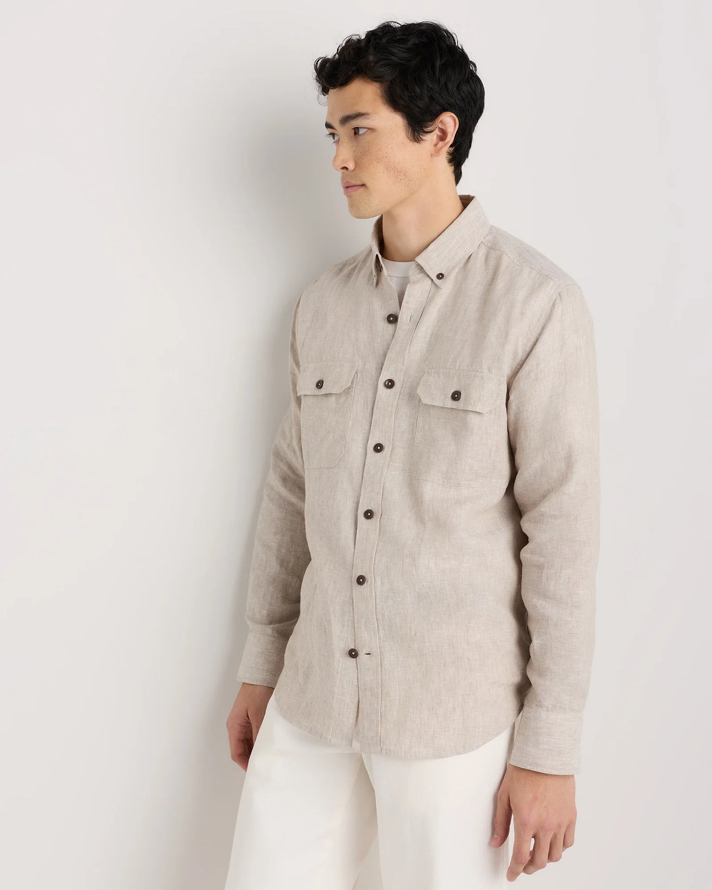 100% European Linen Utility Shirt - S / Taupe Brown Chambray