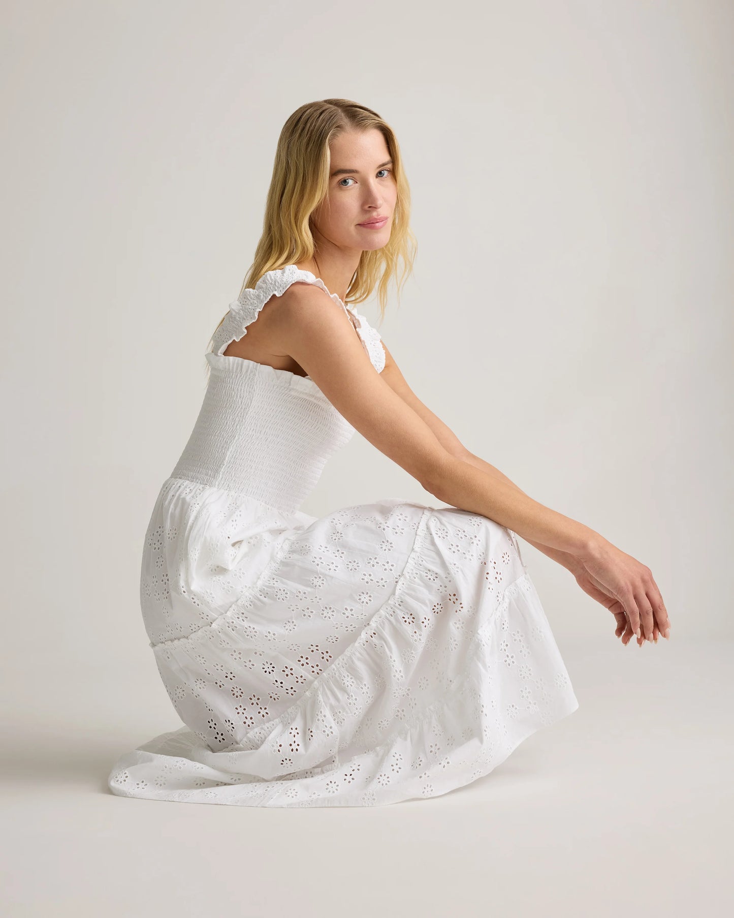 100% Organic Cotton Eyelet Smocked Midi Dress - XS / White