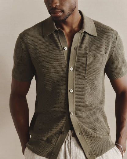 100% Organic Cotton Mesh-Stitch Button-Up Sweater Polo - XS / Speckled Beige