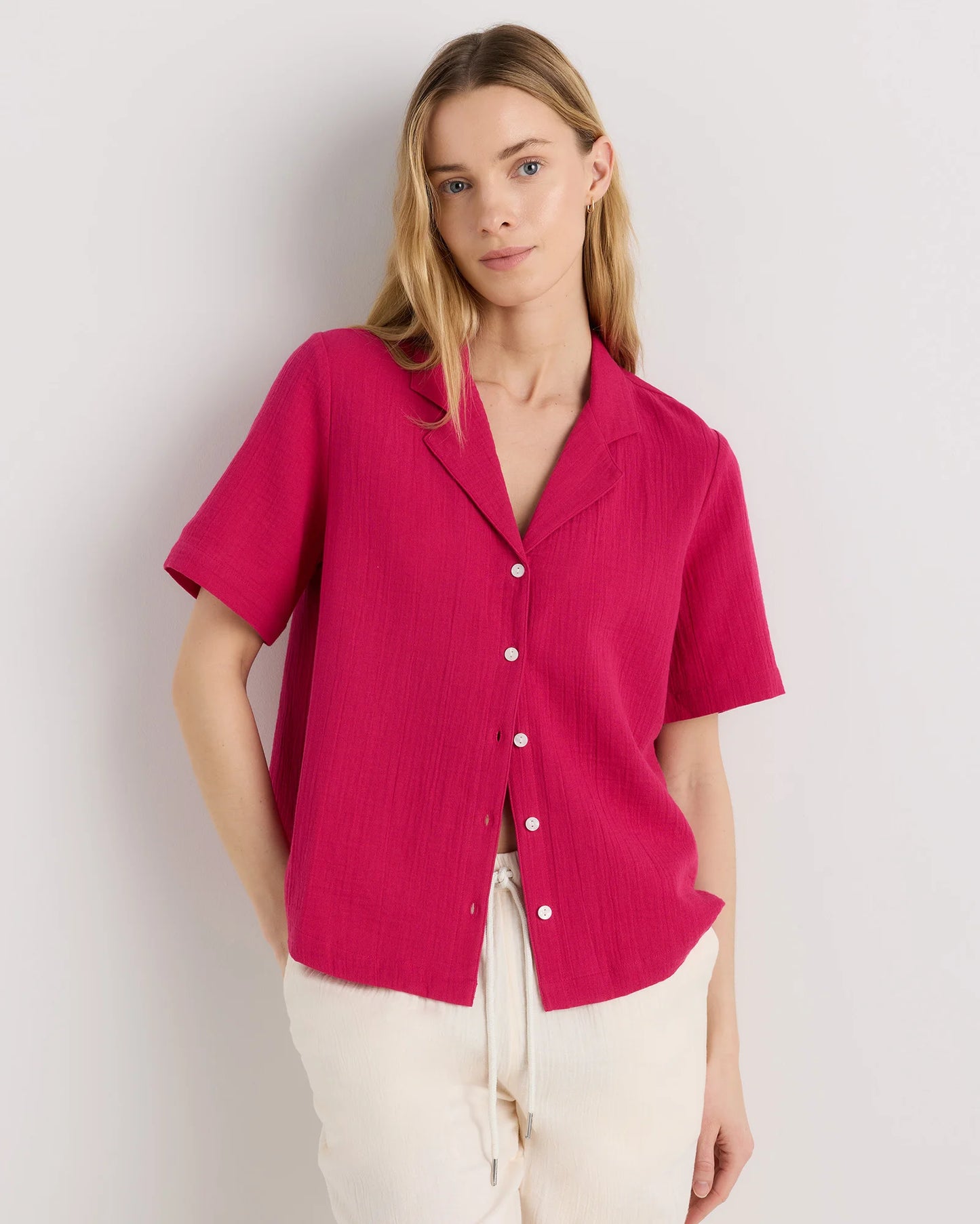 100% Organic Cotton Gauze Short Sleeve Shirt - XS / Amaranth Pink