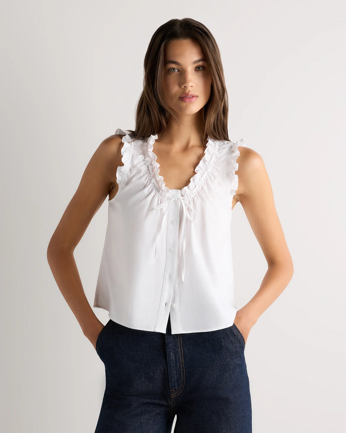 Cotton Viscose Voile Ruffle Trim Tank - XS / Classic Mini Gingham