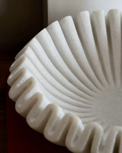 Handcrafted Fluted Marble Decorative Bowl - Large / White