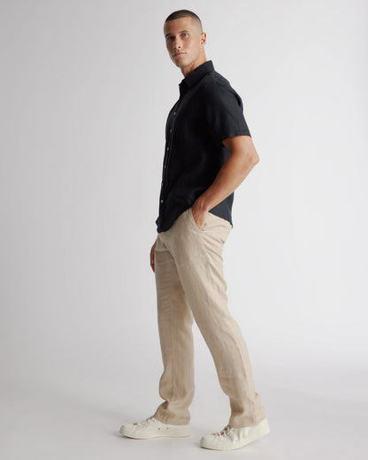 100% European Linen Relaxed Short Sleeve Shirt - XS / Taupe Brown Chambray