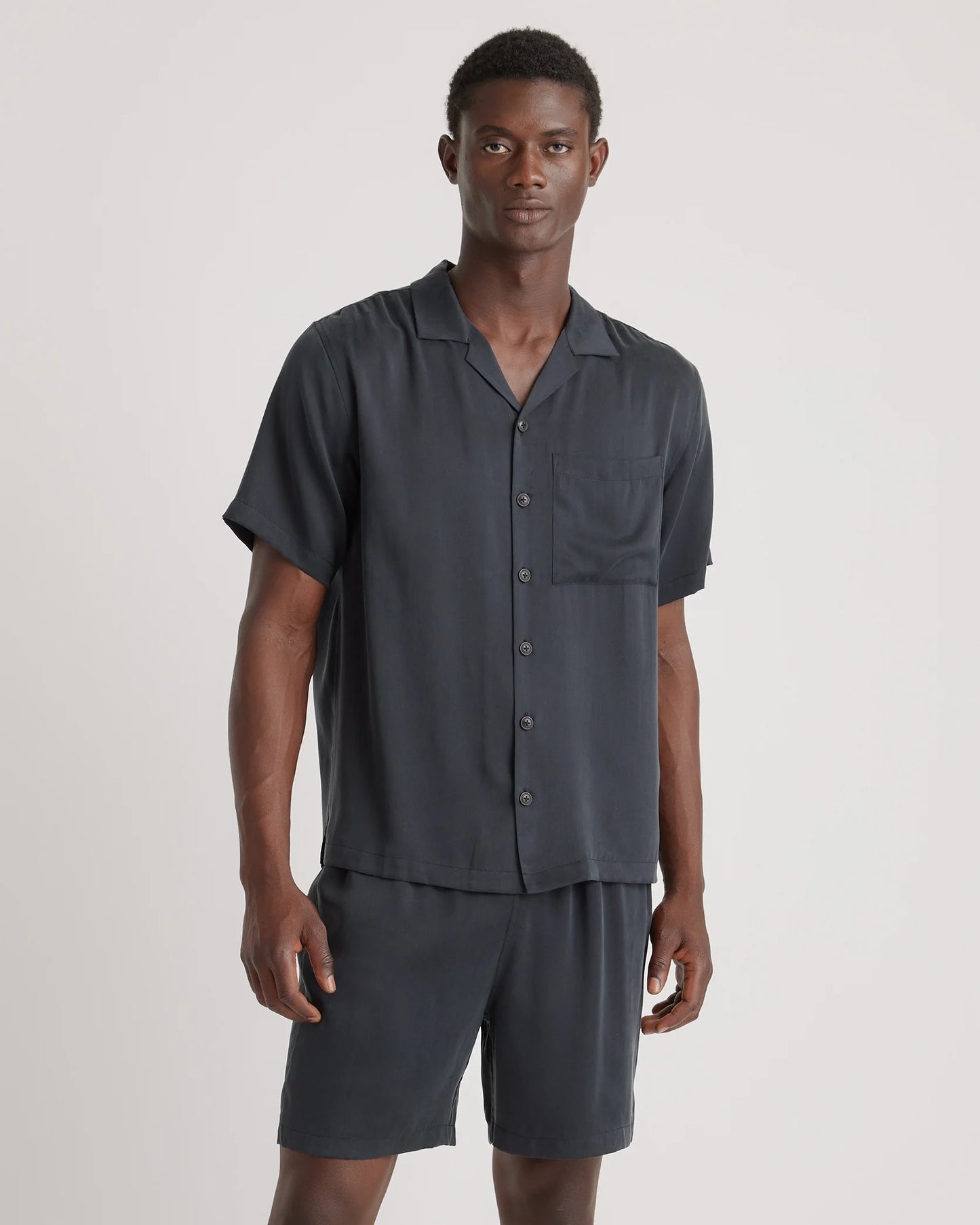 100% Washable Silk Button Down Short Set - S / Black