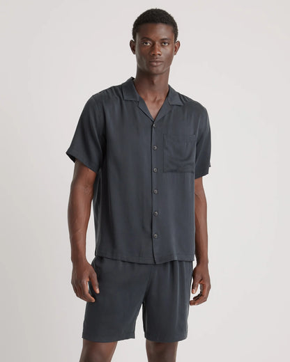 100% Washable Silk Button Down Short Set - S / Black