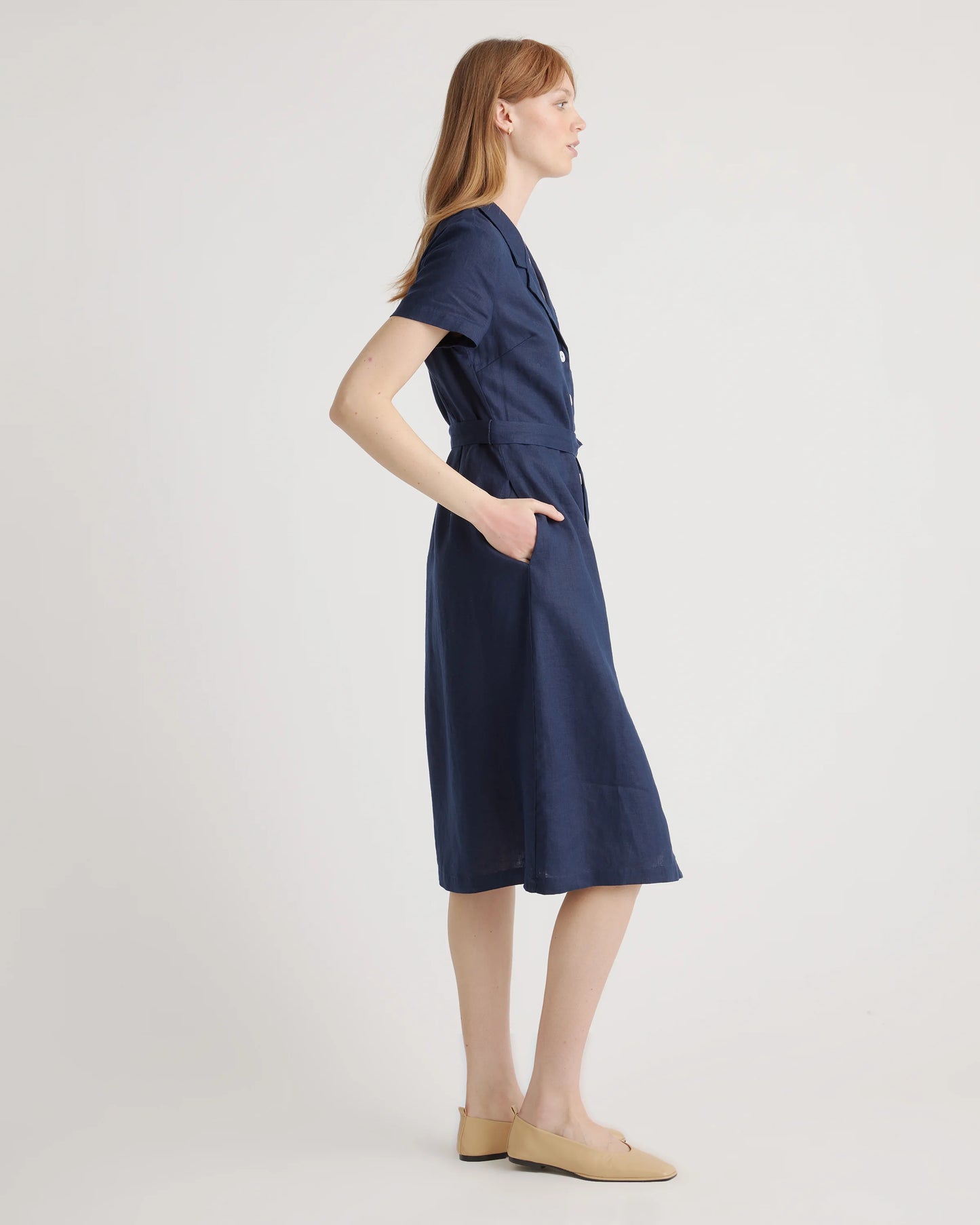 100% European Linen Button Front Dress - XS / Sky Blue Mariner Stripe