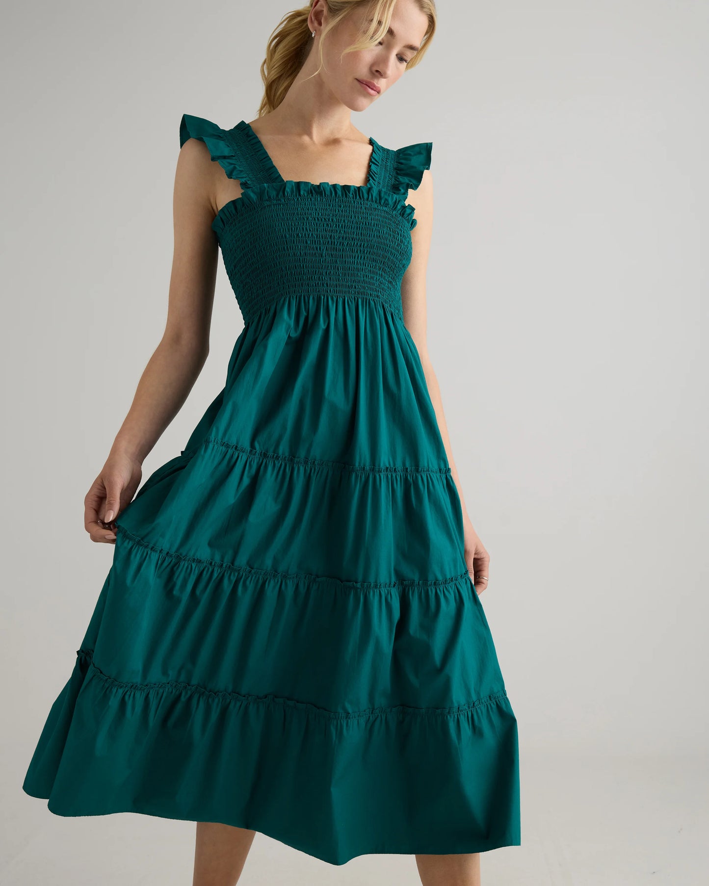 100% Organic Cotton Poplin Smocked Midi Dress - XS / Riviera Blue Heirloom Floral