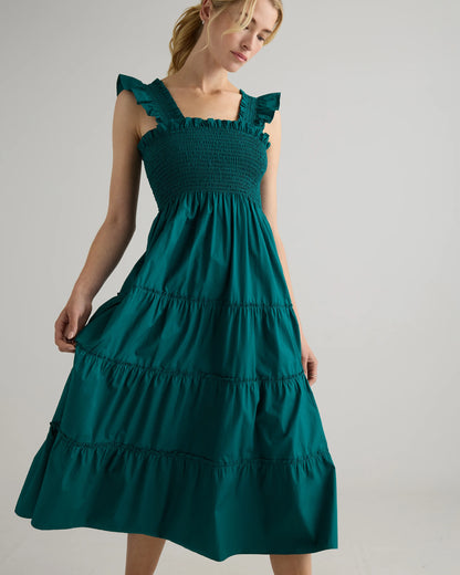 100% Organic Cotton Poplin Smocked Midi Dress - XS / Riviera Blue Heirloom Floral