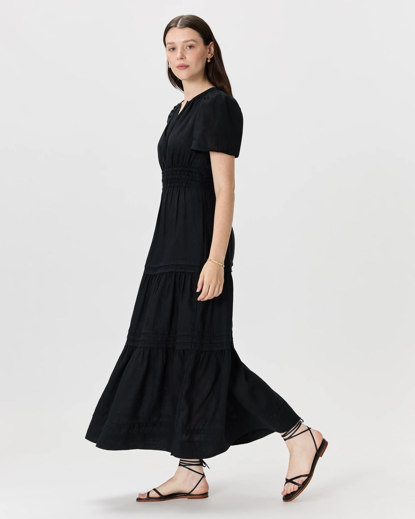 100% European Linen Tiered Maxi Dress - XS / Deep Navy