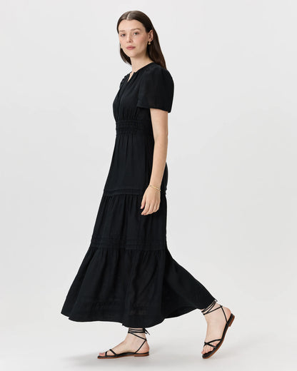 100% European Linen Tiered Maxi Dress - XS / Deep Navy