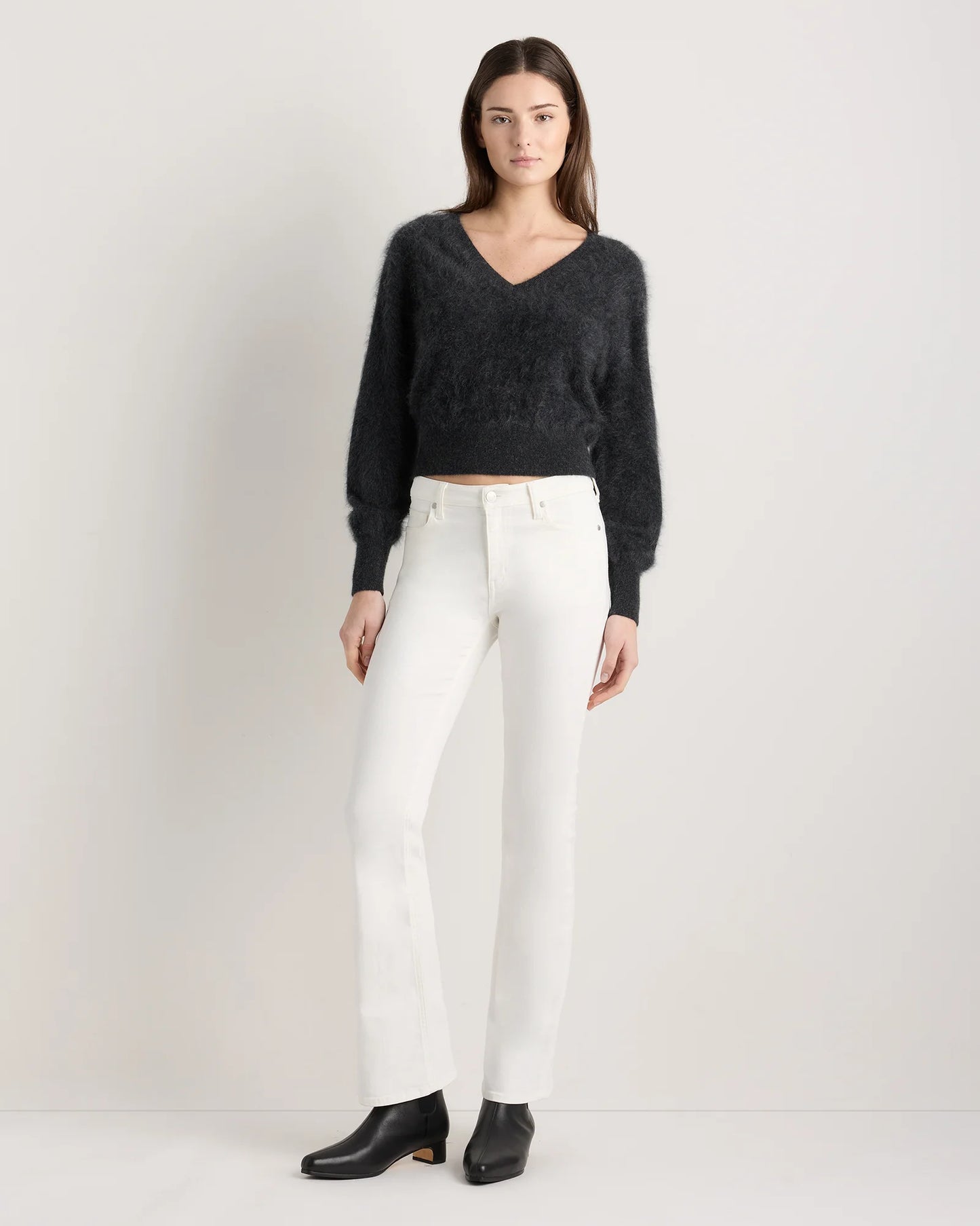 Brushed Cashmere Shrunken V-Neck Sweater - XS / Heather Grey