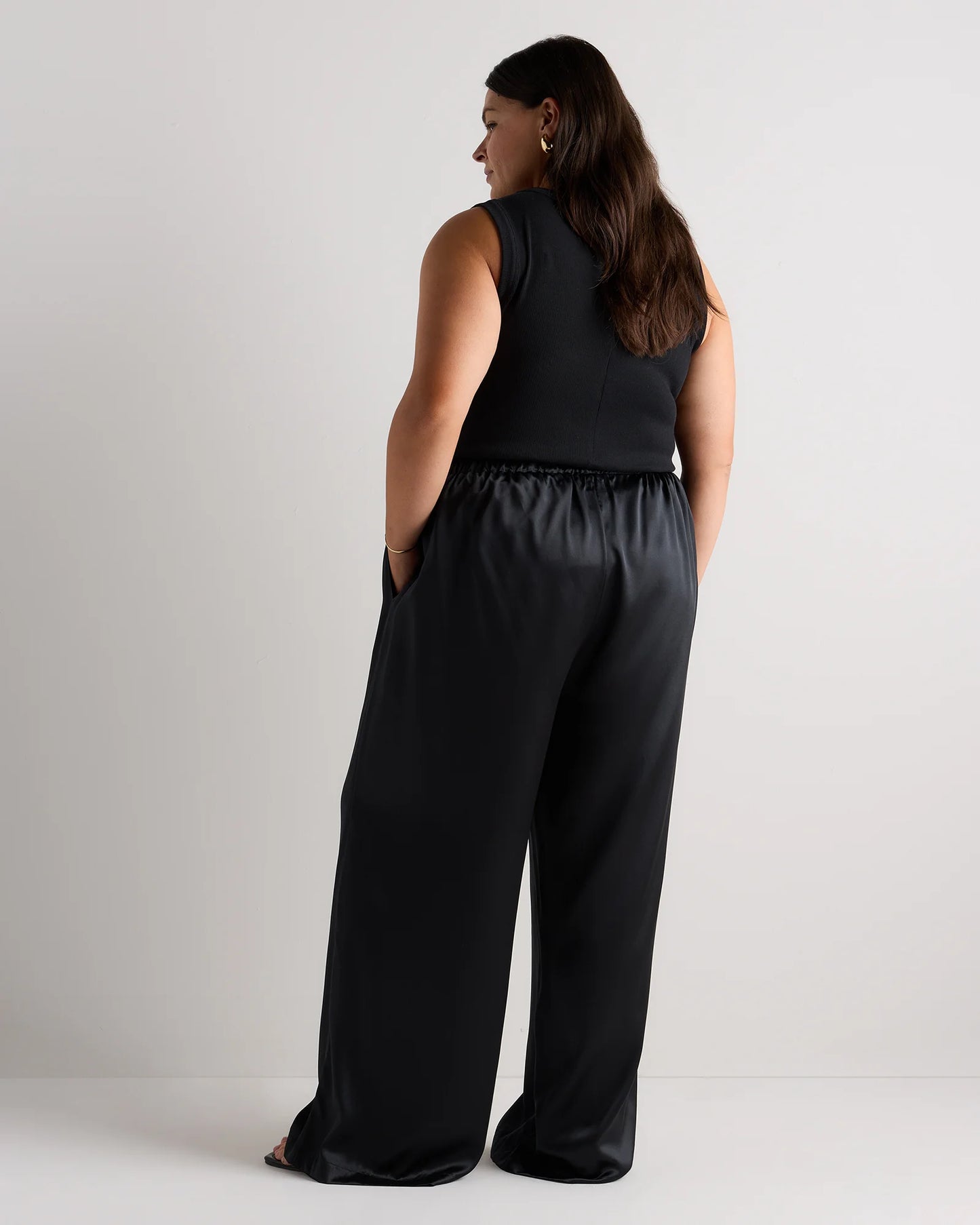 100% Washable Silk Drawstring Wide Leg Pants - 1X / Black