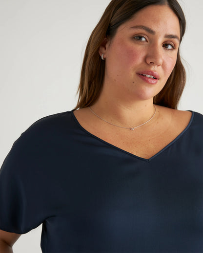 Washable Stretch Silk Reversible V-Neck Blouse - XS / Navy