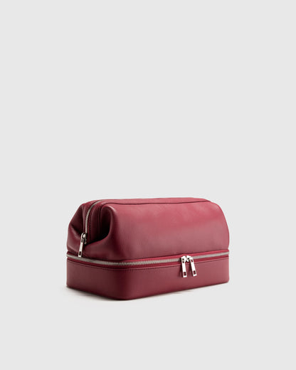 Italian Leather Dual Compartment Toiletry Bag - One Size / Ruby Red