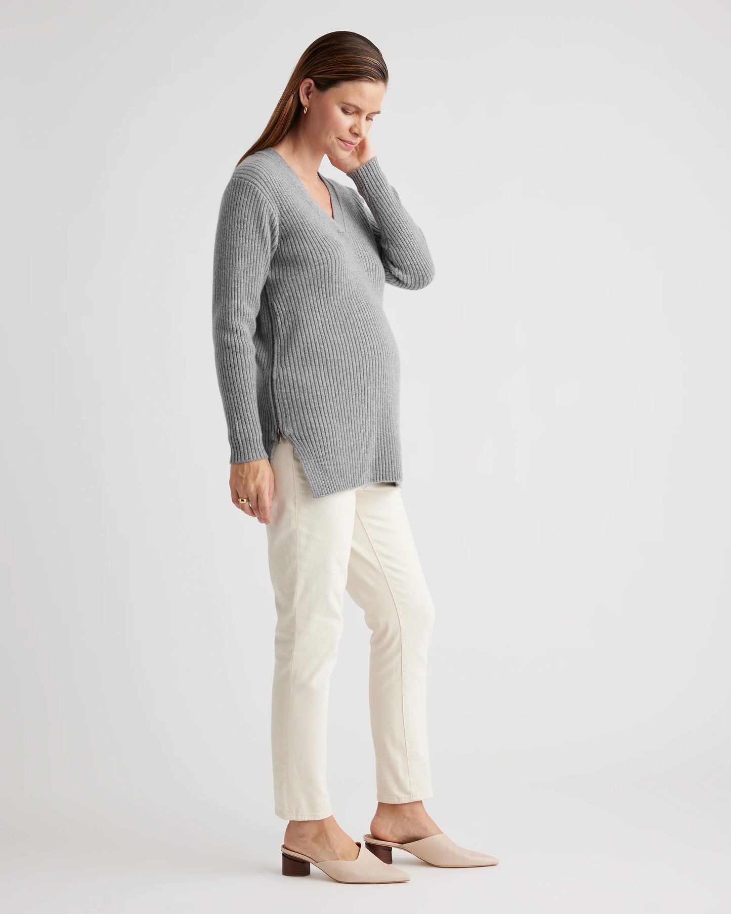 Mongolian Cashmere Ribbed Side Zip Maternity Sweater - XS / Heather Vintage Pink