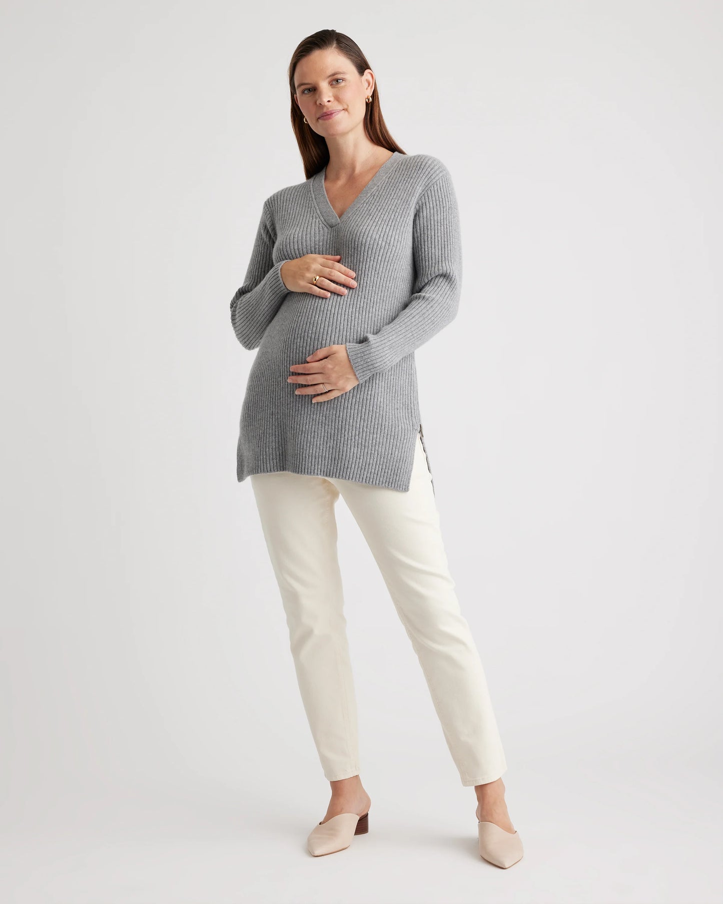 Mongolian Cashmere Ribbed Side Zip Maternity Sweater - XS / Heather Vintage Pink