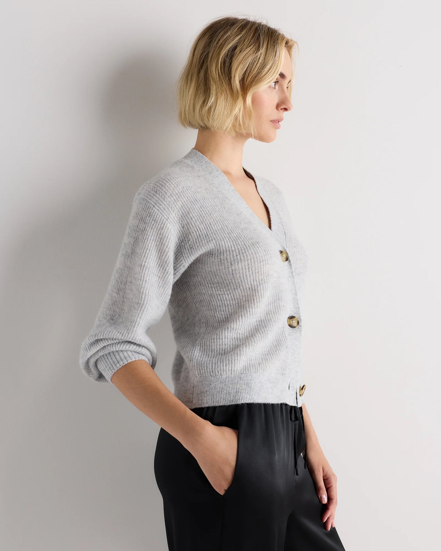 Lightweight Baby Alpaca Cropped V-Neck Cardigan - XS / Smoked Charcoal