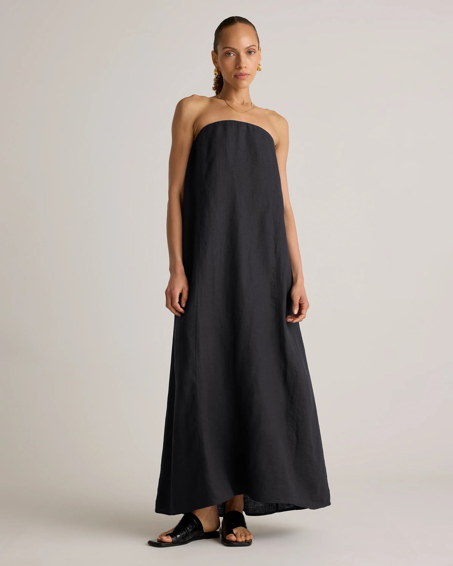 100% European Linen Strapless Maxi Dress - XS / Brick Red Heirloom Floral