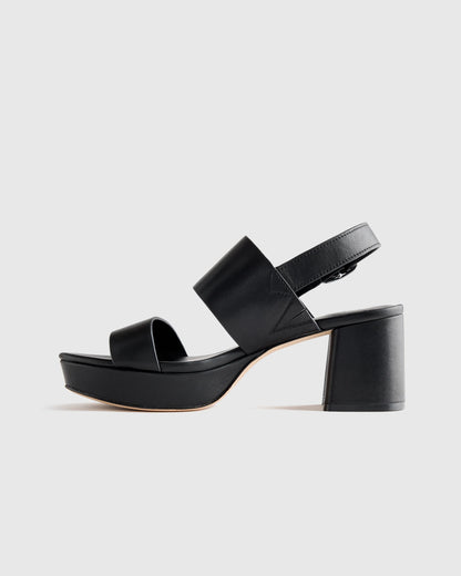 Italian Leather Double Band Block Heel Sandal - 5 / Black