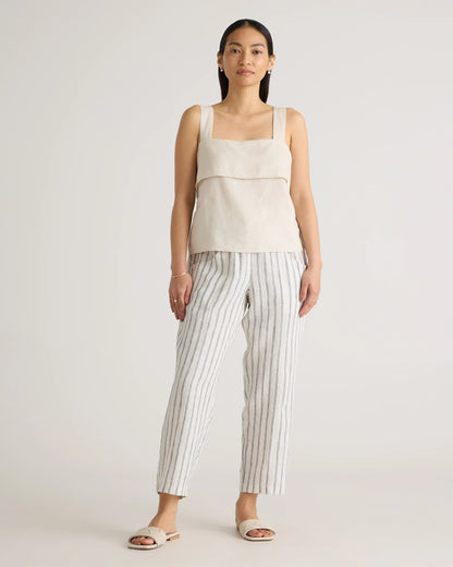 100% European Linen Tapered Ankle Pants - XS / Blue Pinstripe