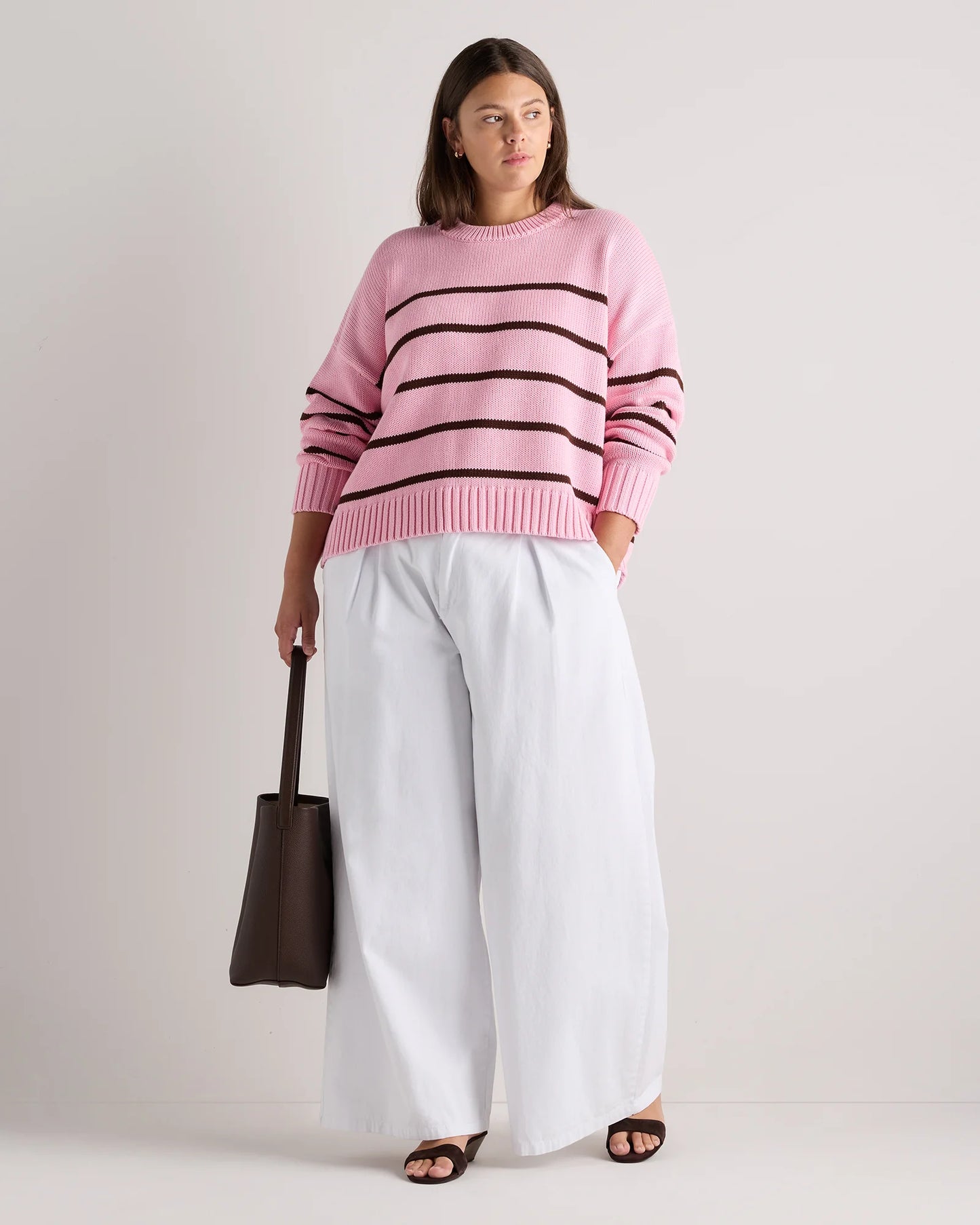 100% Organic Cotton Striped Crew Sweater - 1X / Speckled Beige/Ivory