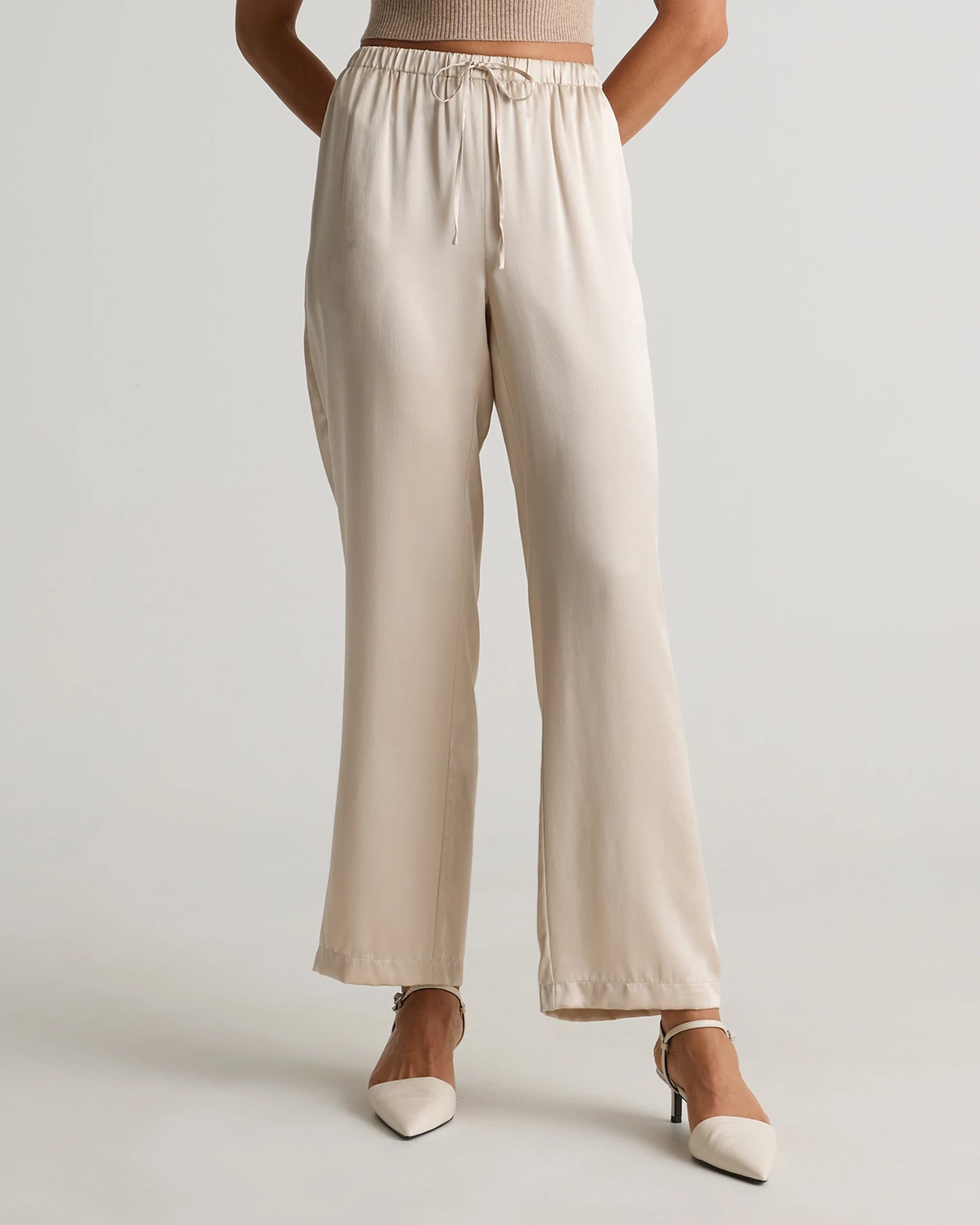 100% Washable Silk Drawstring Wide Leg Pants - XS / Champagne