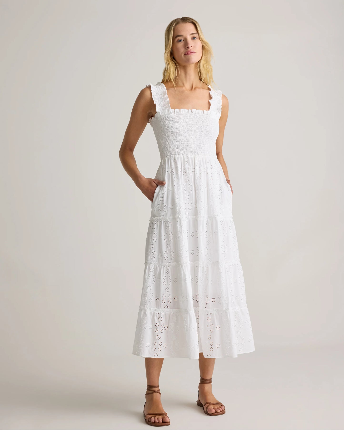 100% Organic Cotton Eyelet Smocked Midi Dress - XS / White