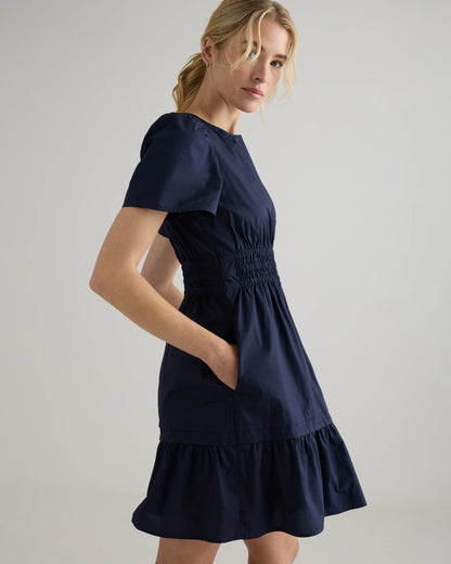 100% Organic Cotton Poplin Tiered Mini Dress - XS / Riviera Blue Heirloom Floral