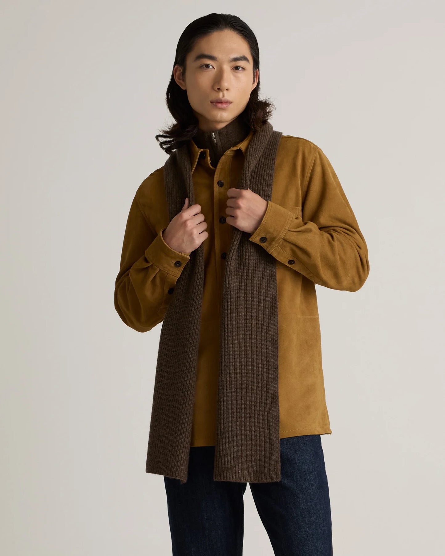 Mongolian Cashmere Ribbed Scarf - One Size / Brown
