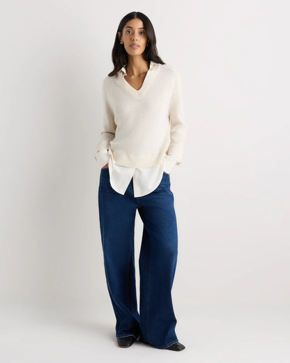 100% Mongolian Cashmere Layered V-Neck Sweater - XS / Ivory