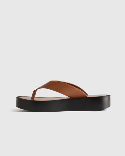 Italian Leather Thong Platform Sandal - 5 / Cognac