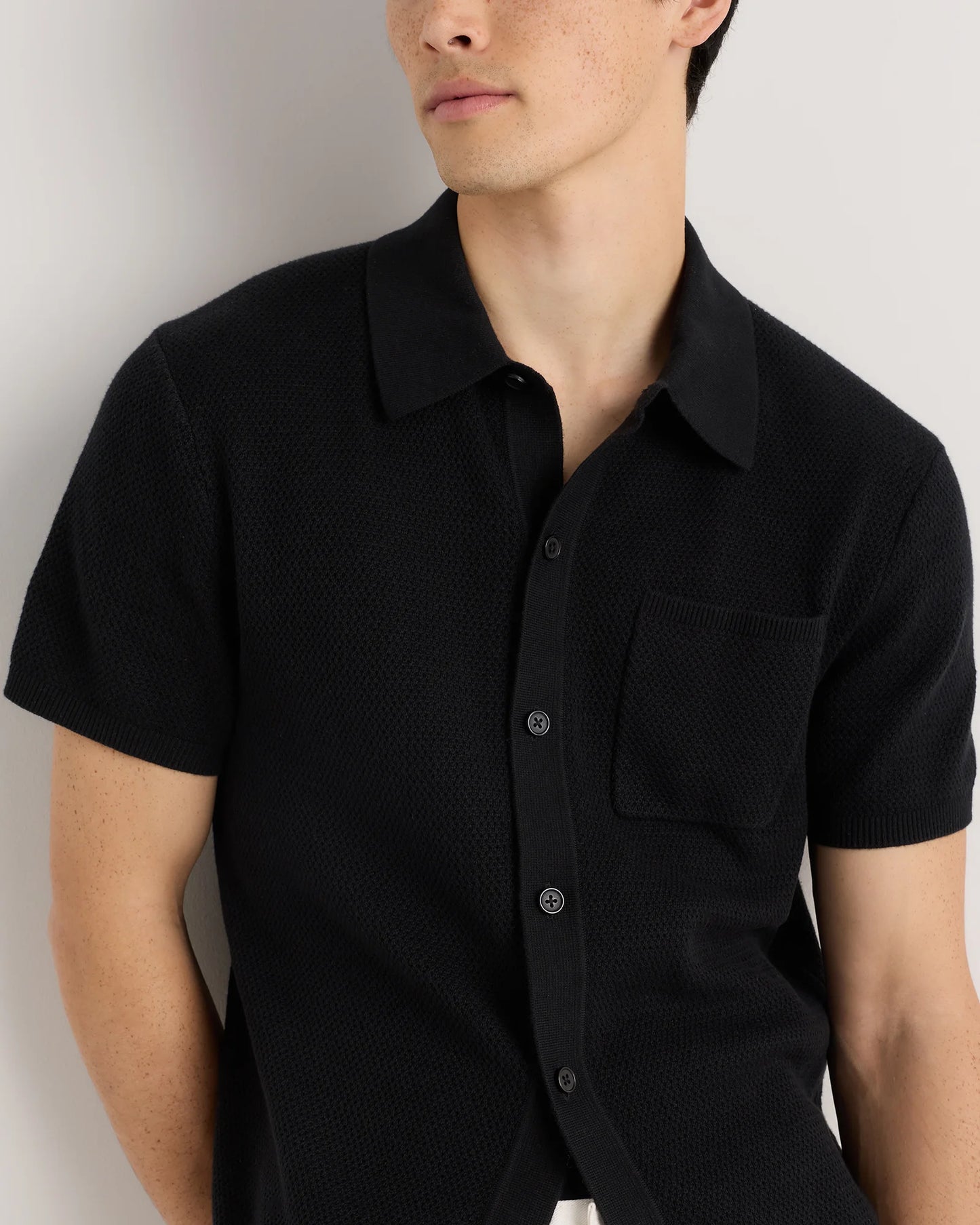 100% Organic Cotton Mesh-Stitch Button-Up Sweater Polo - XS / Speckled Beige