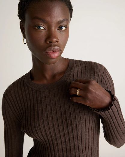 Cotton Cashmere Ribbed Long Sleeve Sweater - XS / Sugar Stone