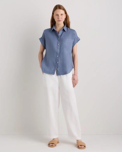 100% European Linen Camp Shirt - XS / Sky Blue Mariner Stripe