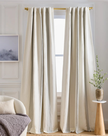Coastal Stripe Linen Cotton Room Darkening Curtain - Single Panel - 48x84 / Ivory/Sage Green