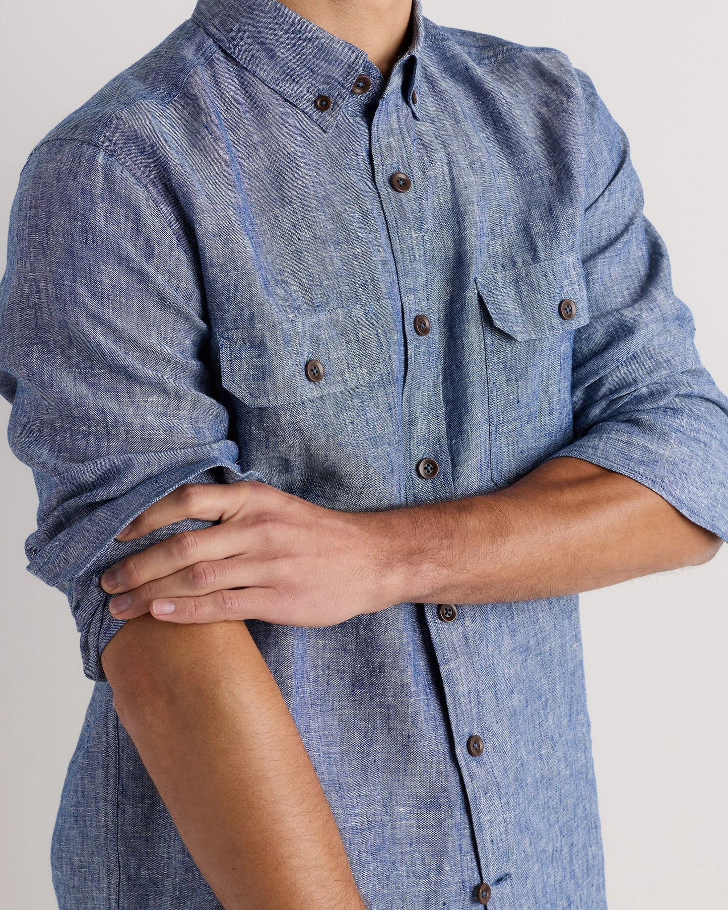 100% European Linen Utility Shirt - S / Taupe Brown Chambray