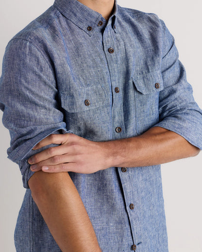 100% European Linen Utility Shirt - S / Taupe Brown Chambray