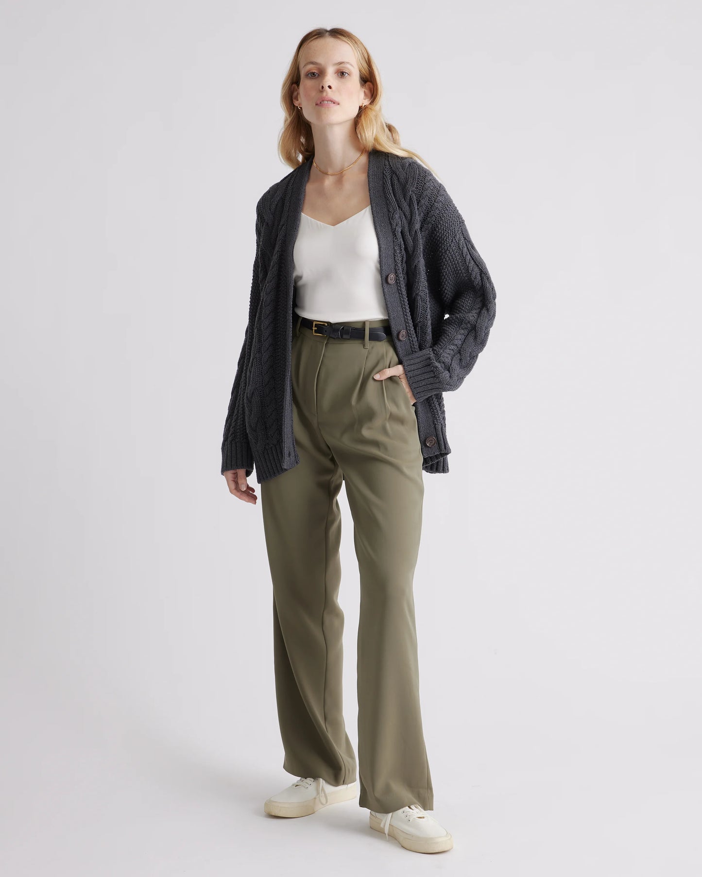 100% Organic Cotton Oversized Cable Cardigan - XS / Heather Brown