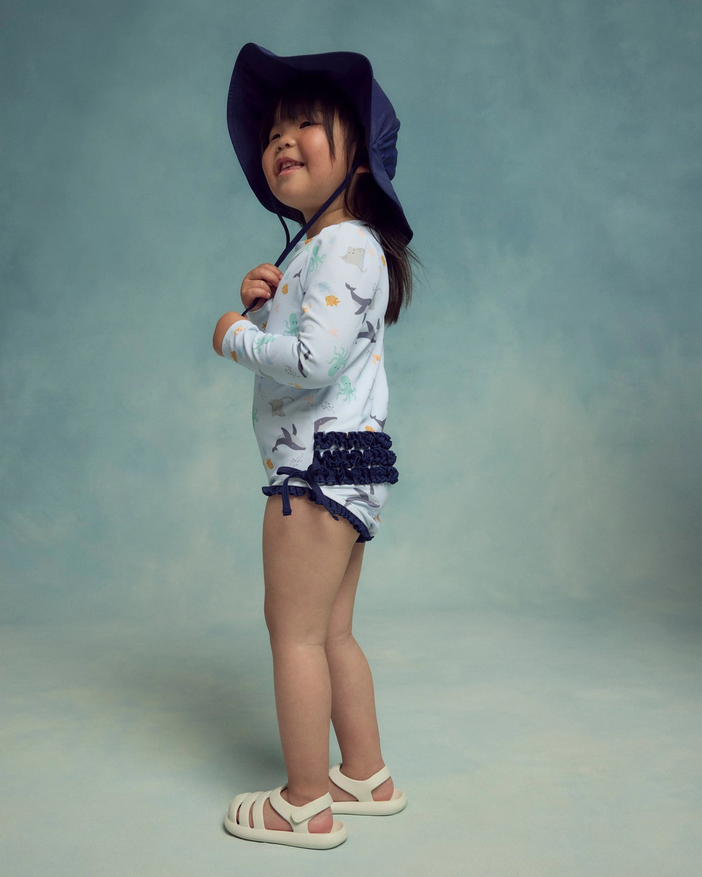 Sunsafe Ruffle One-Piece Rash Guard & Hat Set - 0-3M / Under the Sea/Waves
