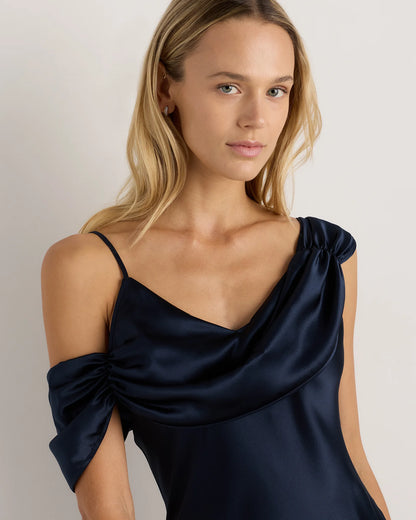 100% Washable Silk Draped Shoulder Maxi Dress - XS / Navy